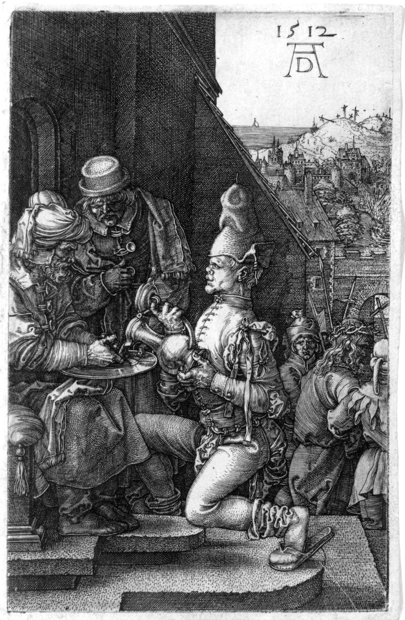 Pilatus tvättar sina händer, från The Engraved Passion av Albrecht Dürer