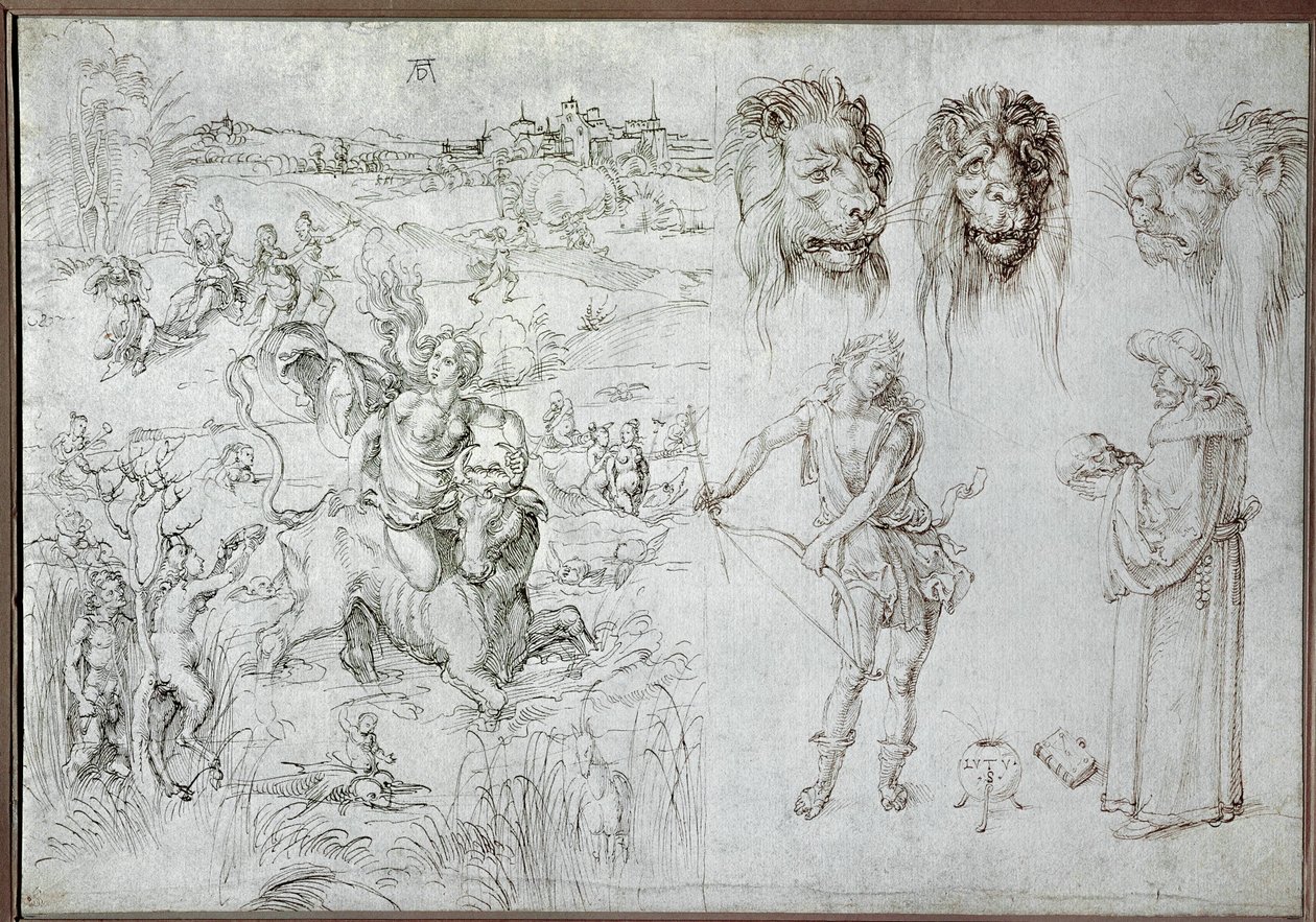 Europas våldtäkt, lejonhuvuden, bågskytt, visman, dödskalle (teckning) av Albrecht Dürer or Duerer