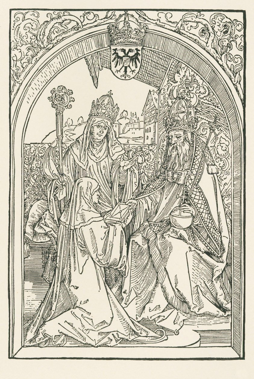 Roswitha överlämnar sina verk till kejsar Otto I i närvaro av sin systerdotter Gerba, abbedissan av Gandersheim av Albrecht Dürer or Duerer