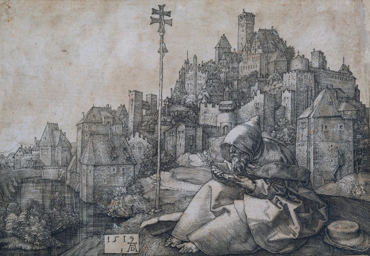 Sankt Antonius sitter framför en stad - Kopparstick av Albrecht Durer (1471-1528) av Albrecht Dürer