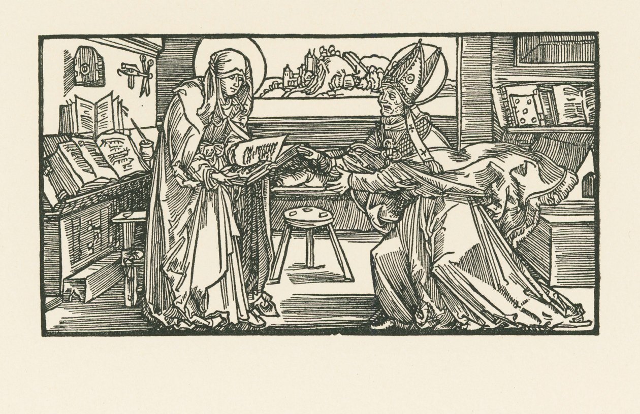 Heliga Birgitta i sin kammare överlämnar sitt verk till en biskop av Albrecht Dürer or Duerer