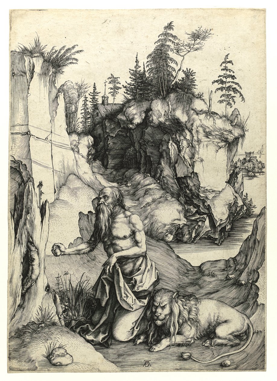 Sankt Jerome penitent, ca 1497 (gravyr av Burin) av Albrecht Dürer