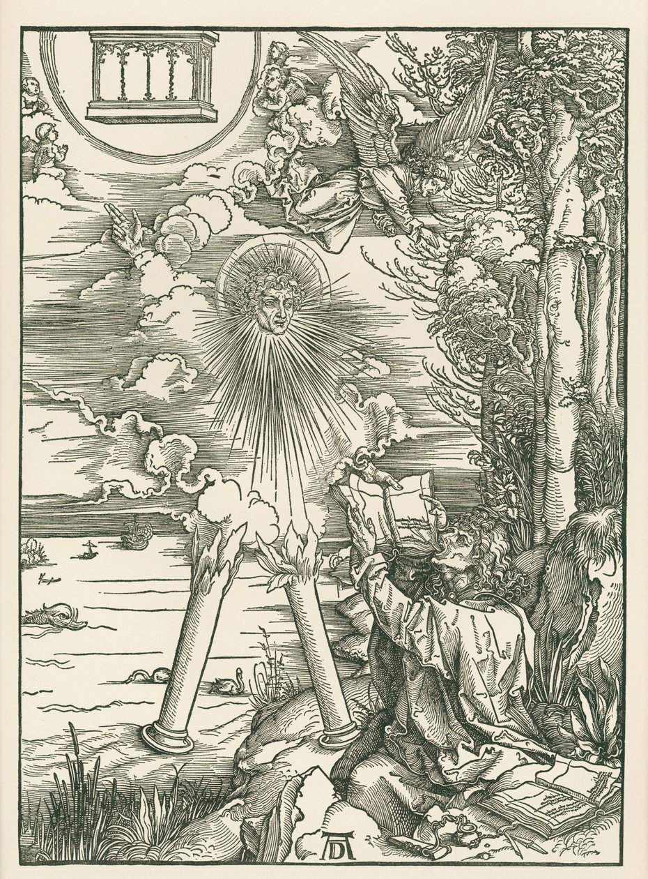 Johannes slukar boken som ängeln ger honom. Johannes Uppenbarelse, ca 1498 (träsnitt) av Albrecht Dürer or Duerer