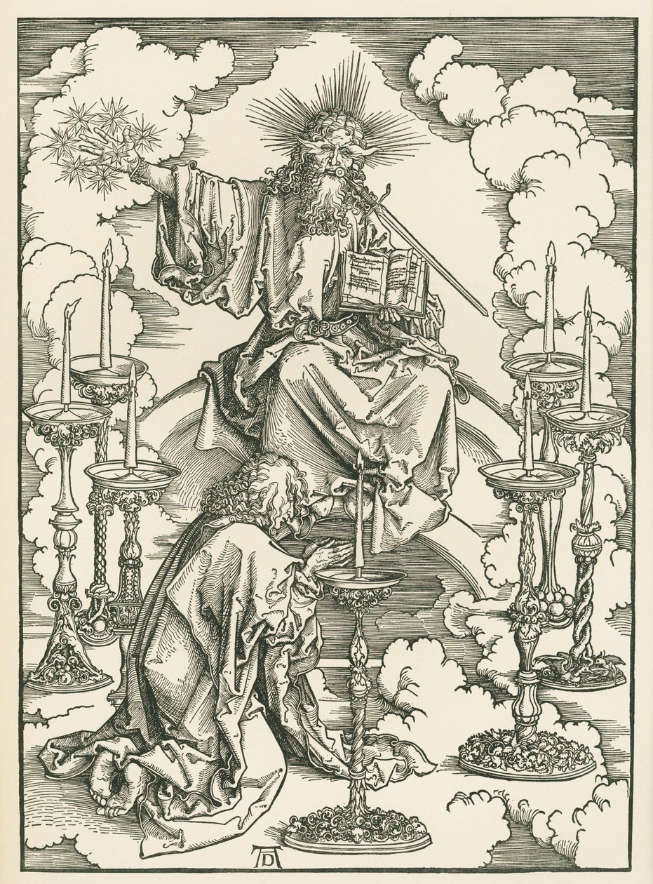 Johannes vision av Kristus och de sju ljusstakarna. Den helige Johannes uppenbarelse, ca 1496-98 (träsnitt) av Albrecht Dürer or Duerer