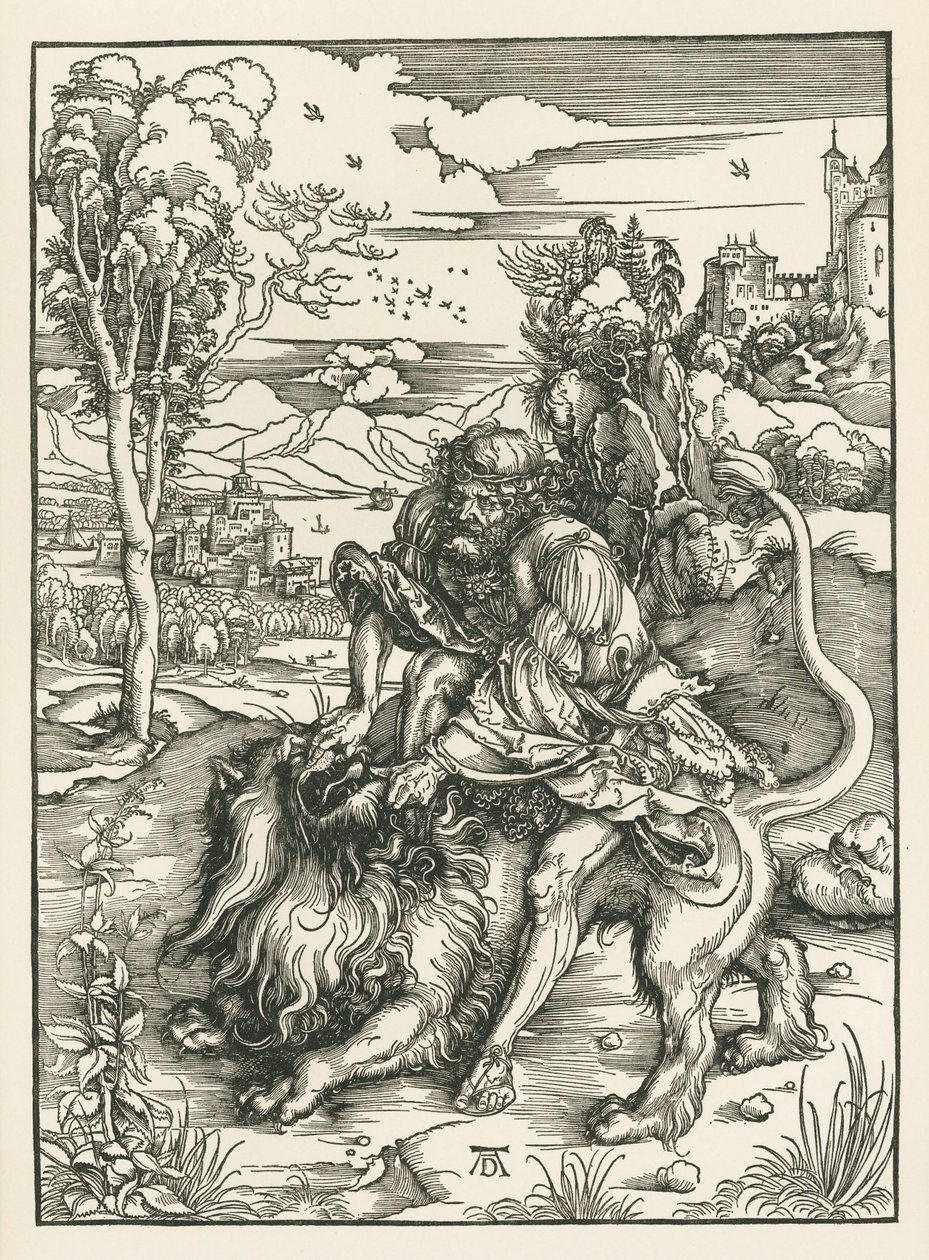 Simson dödar lejonet, ca 1497-98 (träsnitt) av Albrecht Dürer or Duerer