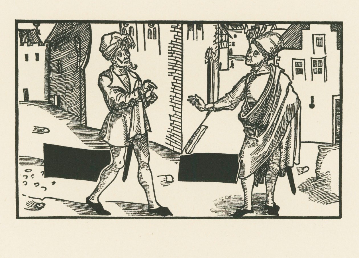 Sannio och Syrus, ca 1492-93 (träsnitt) av Albrecht Dürer or Duerer