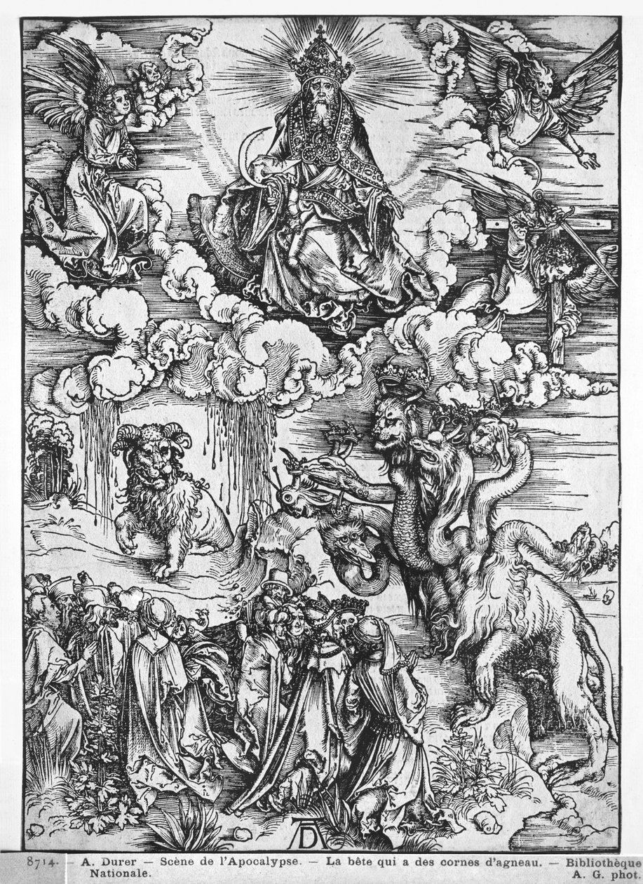 Scen från apokalypsen, den sjuhövdade och tiohornade draken (träsnitt) (s/v foto) av Albrecht Dürer
