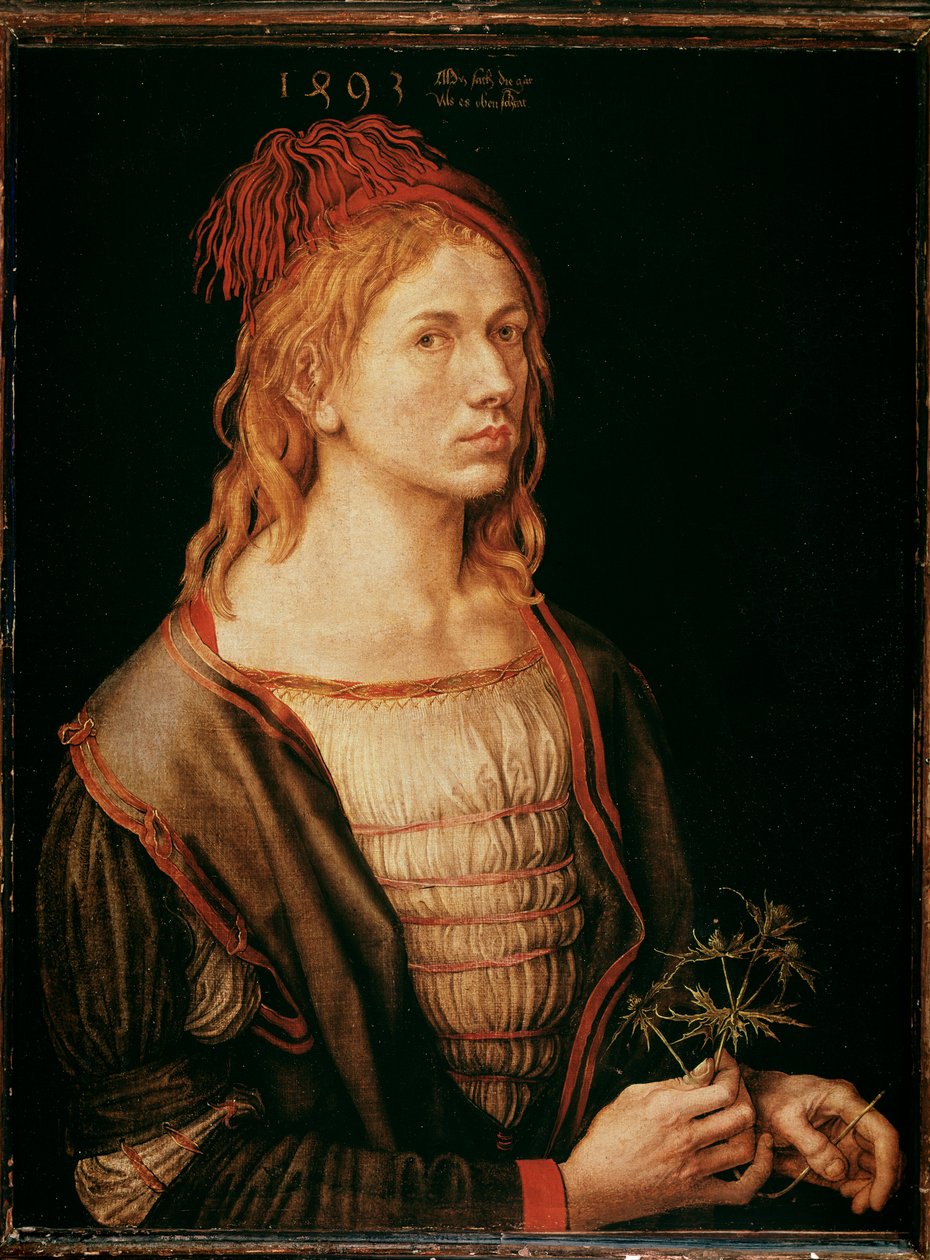 Självporträtt med tistel (målning, pergamentlim på duk av Albrecht Dürer