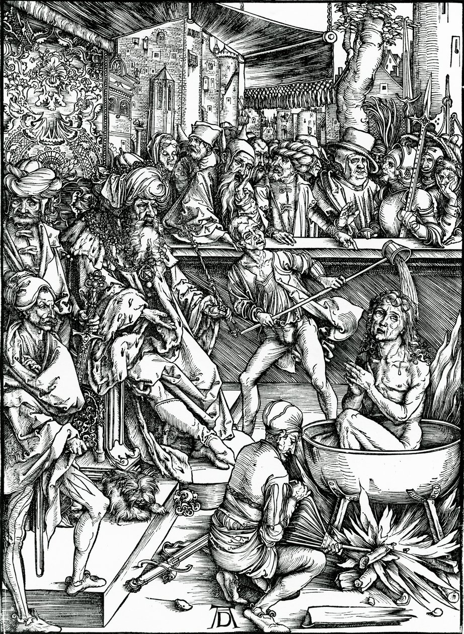 Evangelisten Johannes torteras i ett kärl med kokande olja, från "Apocalypse"-serien av Albrecht Dürer