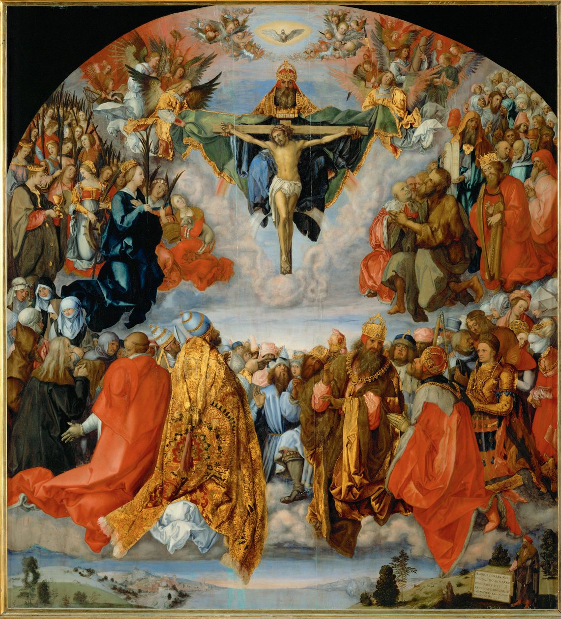 Treenighetens tillbedjan med Dürers självporträtt längst ner till höger (olja på poppelträ) av Albrecht Dürer or Duerer