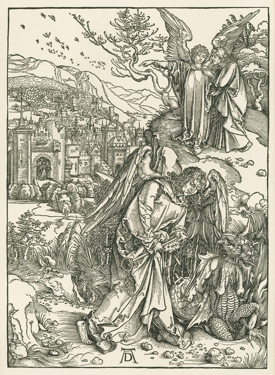Ängeln med nyckeln som kastar ner draken i avgrunden och en annan ängel som visar Johannes det nya Jerusalem, ca 1497-98 (träsnitt) av Albrecht Dürer or Duerer