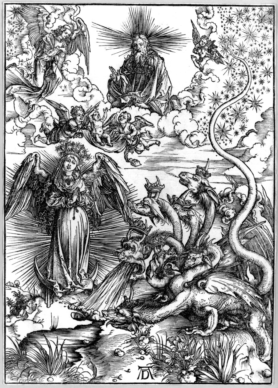 Den apokalyptiska kvinnan eller kvinnan klädd med solen och den sjuhövdade draken, från Apokalypsen eller Johannes uppenbarelse av Albrecht Dürer