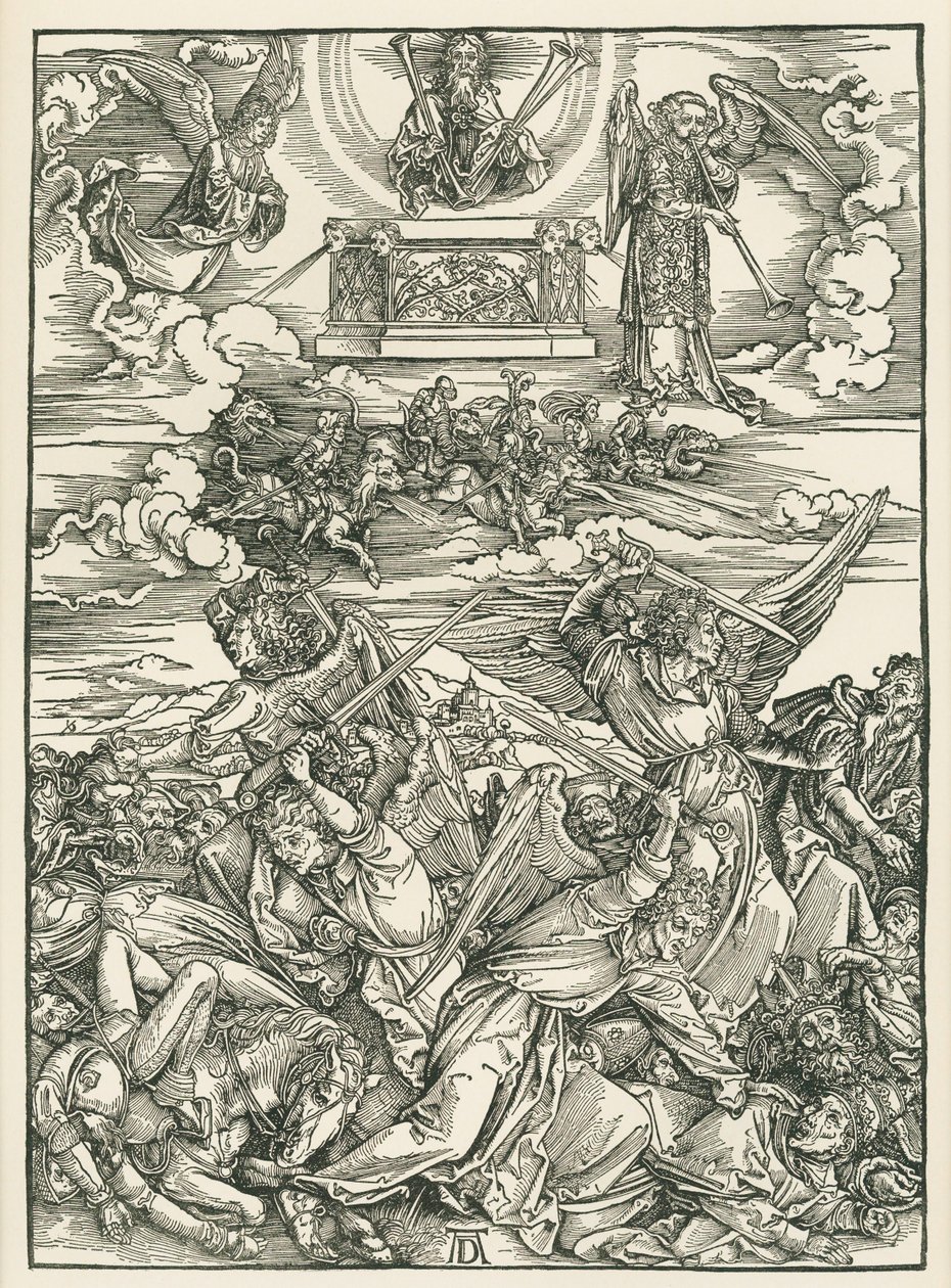 Änglarnas kamp. Johannes Uppenbarelse, ca 1496-98 (träsnitt) av Albrecht Dürer or Duerer