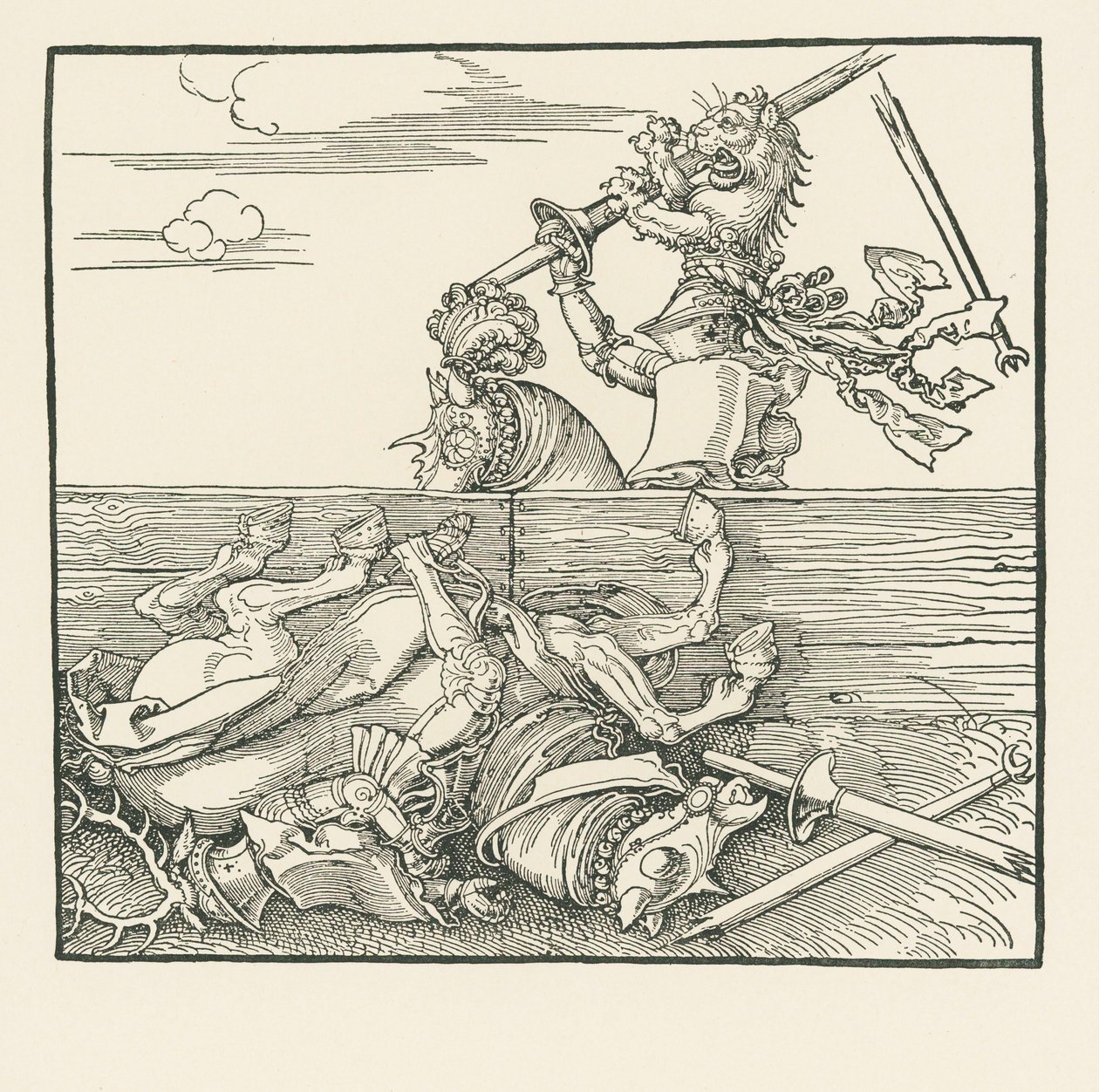 Den utländska turneringen. Maximilian har lyft upp sin motståndare Jacop de Heri ur sadeln, ca 1517-18 (träsnitt) av Albrecht Dürer or Duerer
