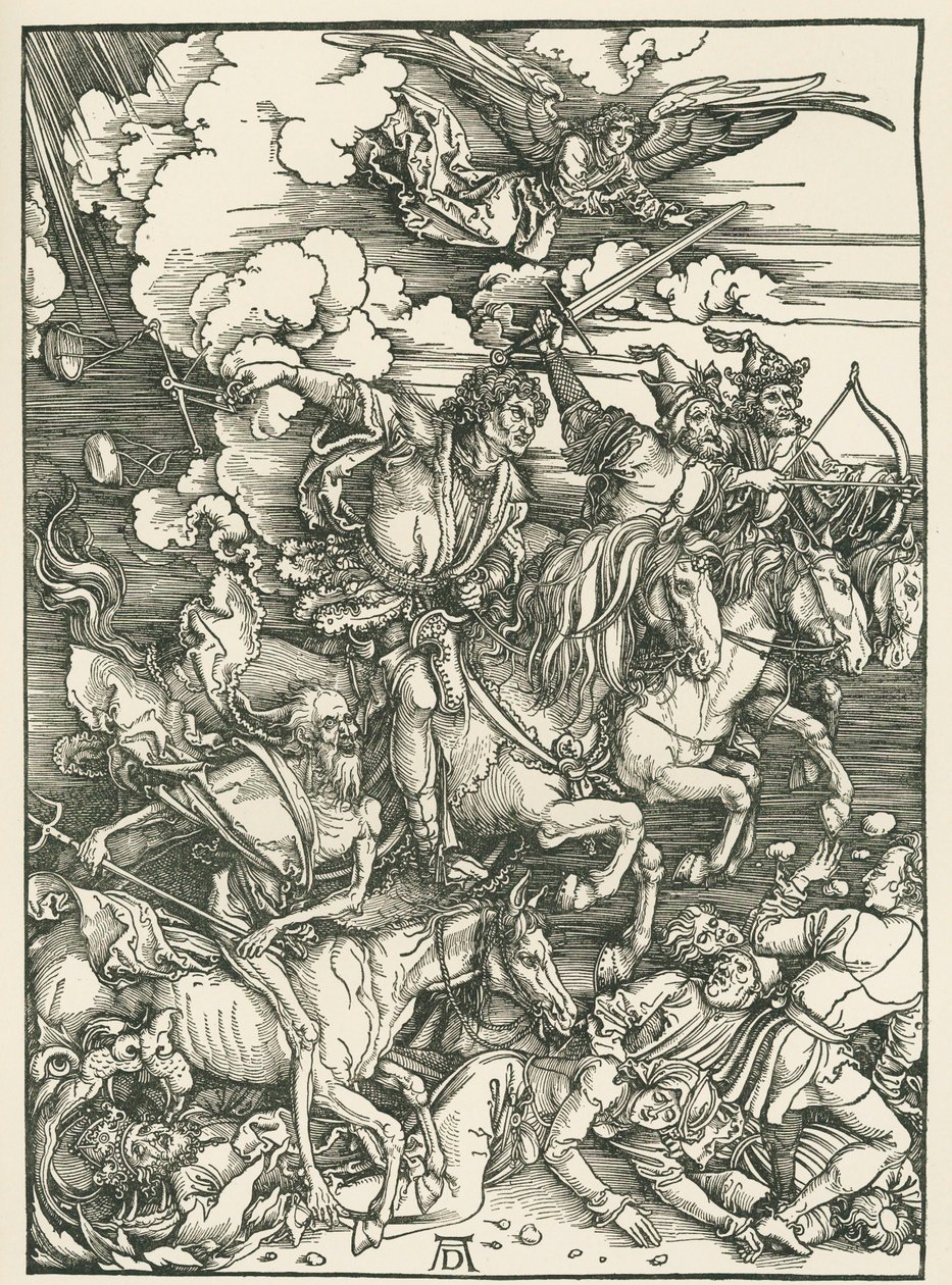Apokalypsens fyra ryttare. Johannes Uppenbarelse, ca 1497-98 (träsnitt) av Albrecht Dürer or Duerer