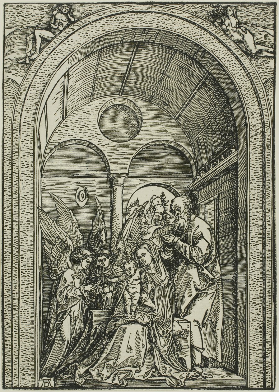 Den heliga familjen med två änglar i en välvd sal av Albrecht Dürer or Duerer