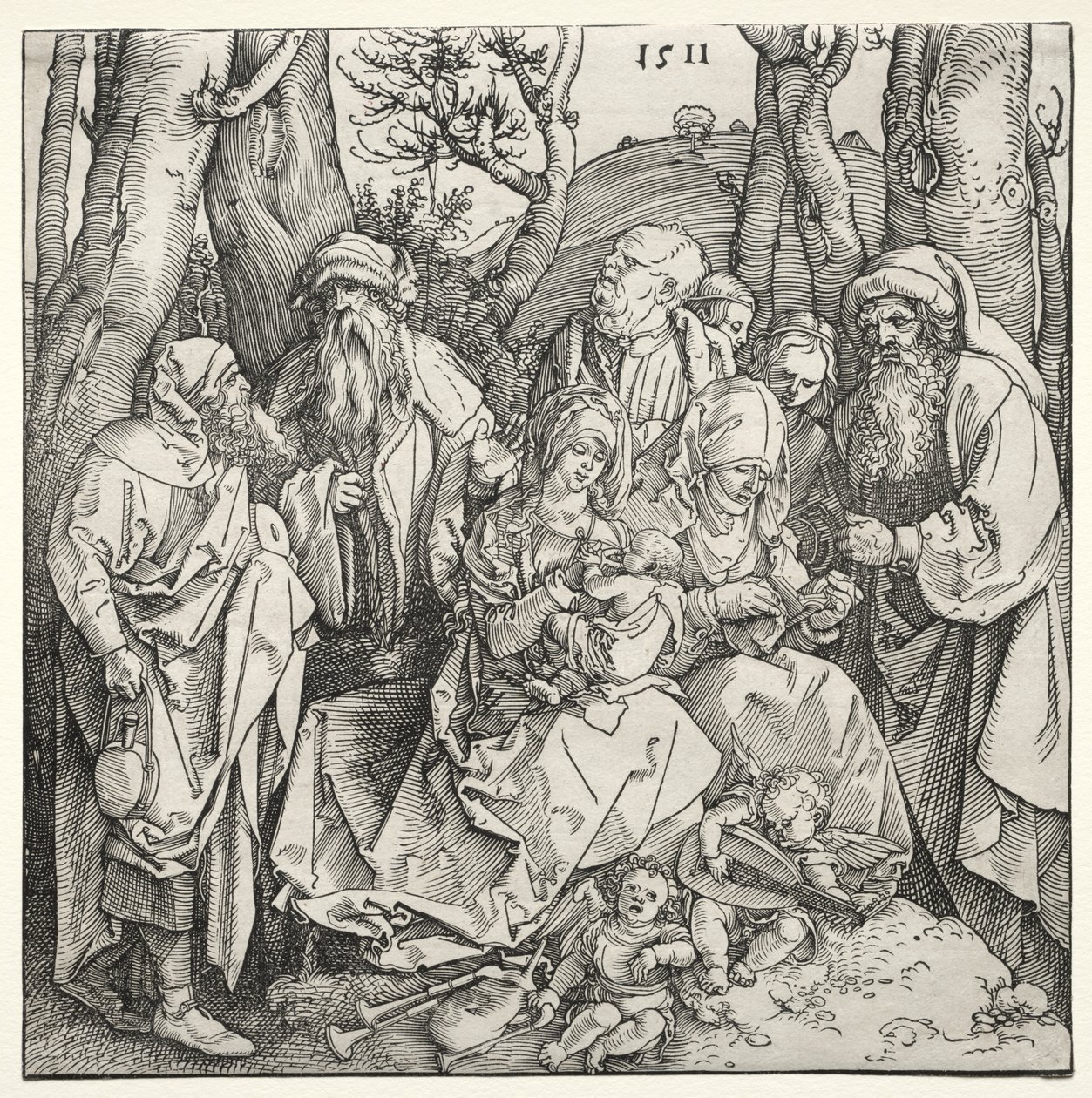 Den heliga familjen med två musikeränglar av Albrecht Dürer or Duerer