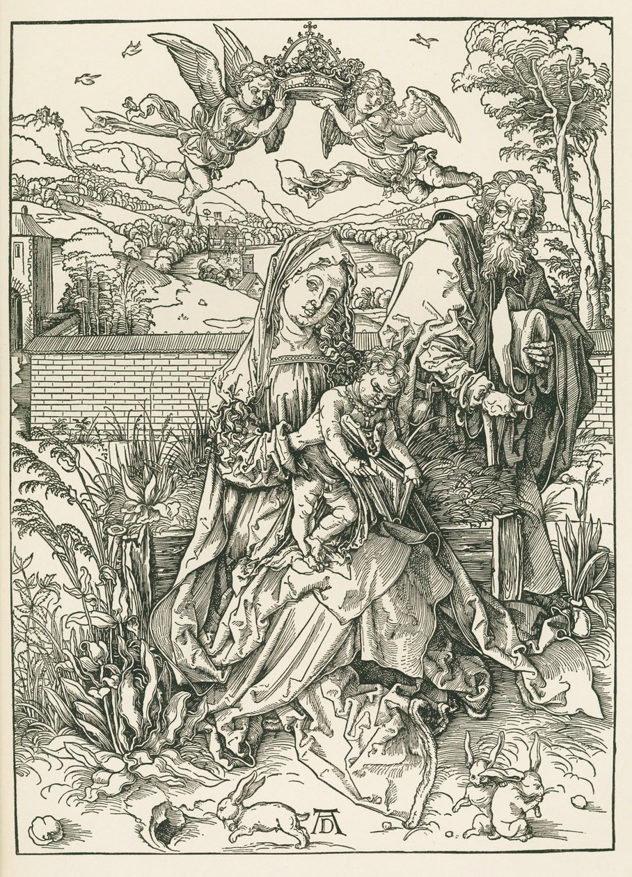 Den heliga familjen med tre harar, ca 1497 (träsnitt) av Albrecht Dürer or Duerer
