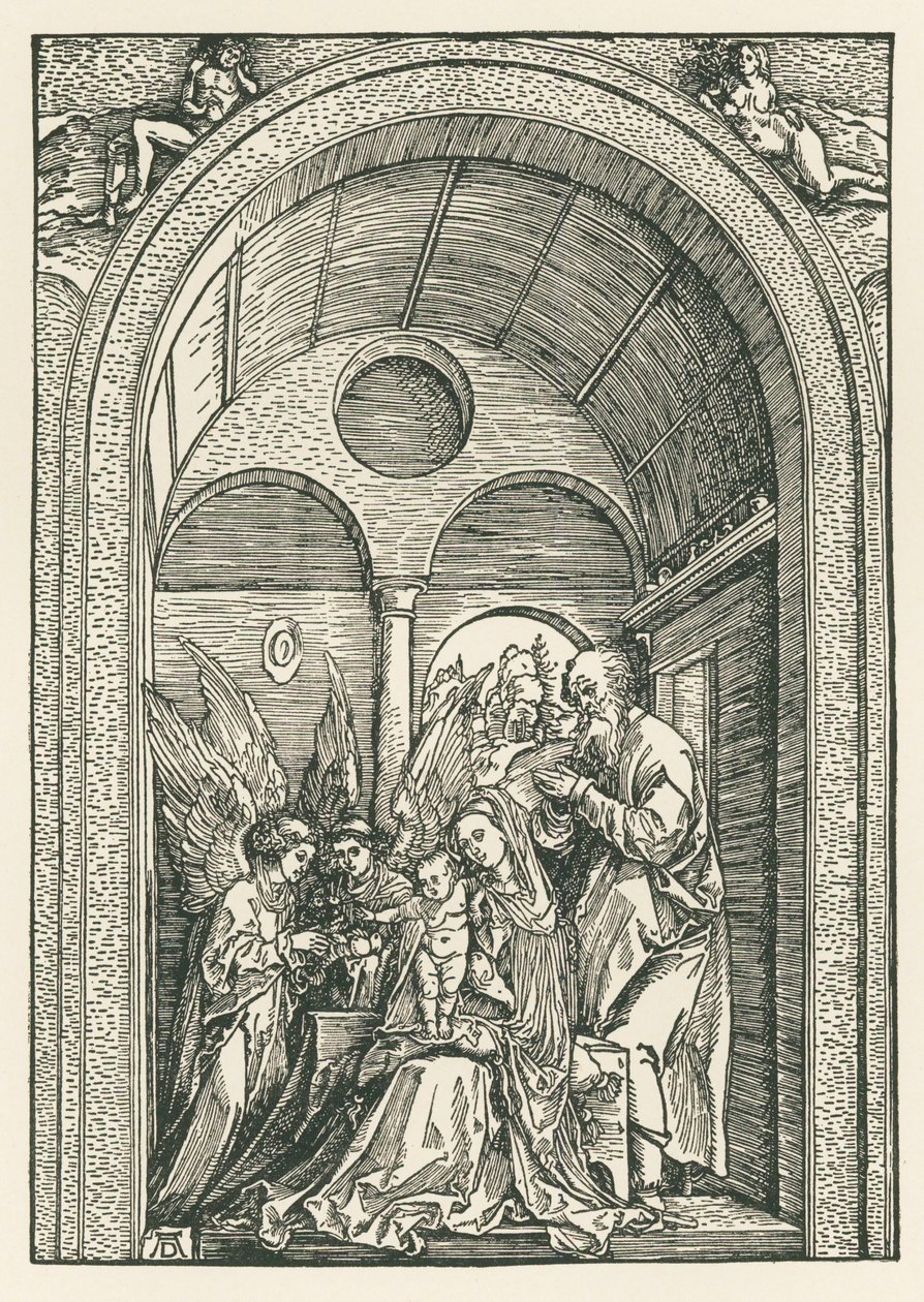 Den heliga familjen med två änglar i en portik, ca 1503-04 (träsnitt) av Albrecht Dürer or Duerer