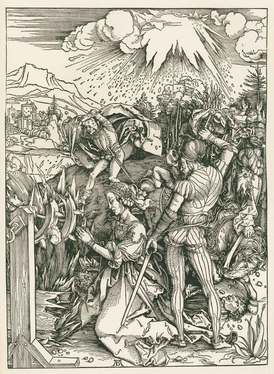 Den heliga Katarina av Alexandrias martyrskap, ca 1498 (träsnitt) av Albrecht Dürer or Duerer