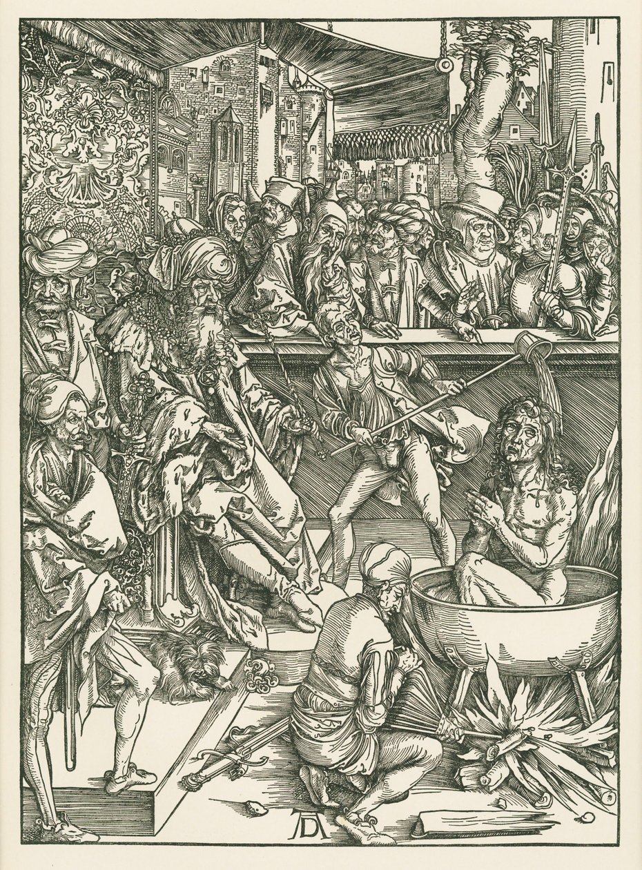 Johannes evangelistens martyrium, ca 1496-97 (träsnitt) av Albrecht Dürer or Duerer
