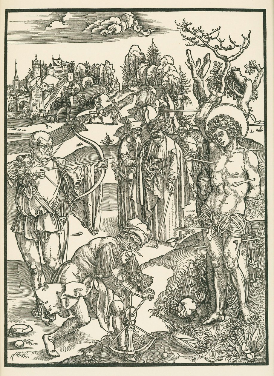 Sankt Sebastians martyrium, ca 1500 (träsnitt) av Albrecht Dürer or Duerer