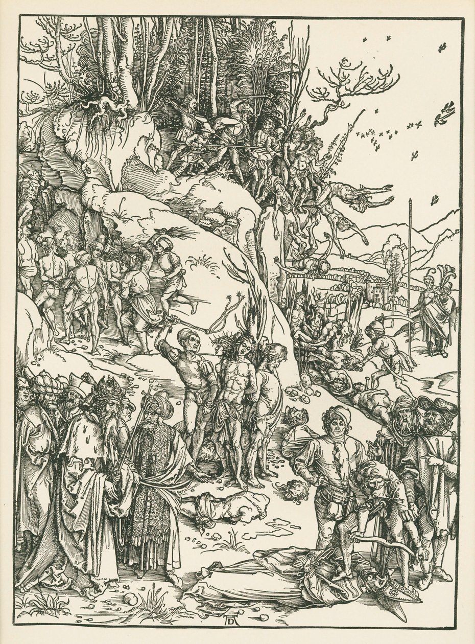 De tiotusen martyrernas martyrium, ca 1496 (träsnitt) av Albrecht Dürer or Duerer