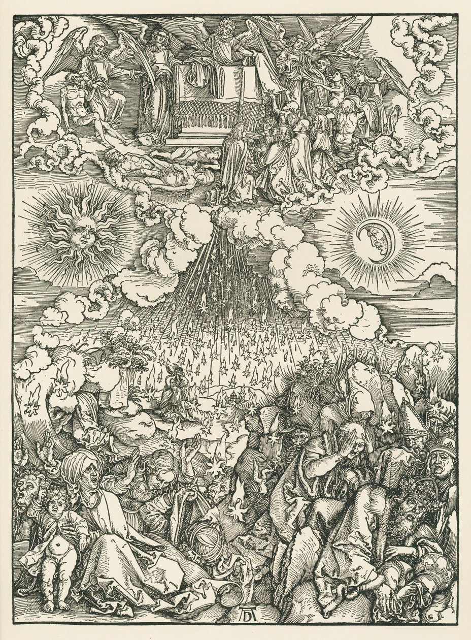 Öppnandet av det femte och sjätte inseglet. Johannes Uppenbarelsebok, ca 1497-98 (träsnitt) av Albrecht Dürer or Duerer
