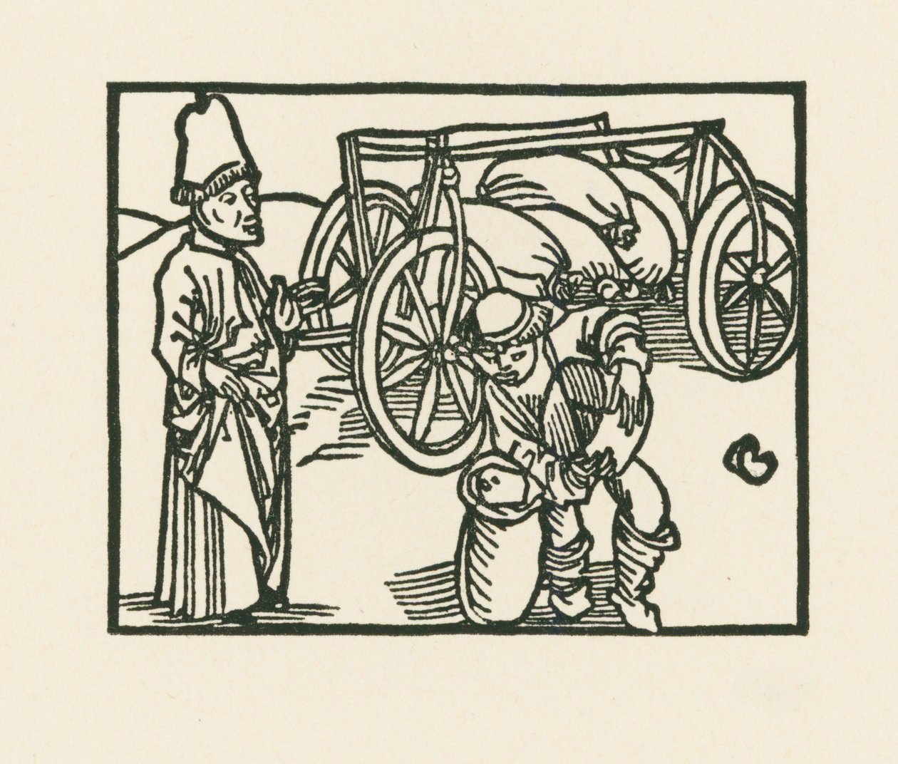 Prästen har en säck på en vagn och havre läggs i den, ca 1489-90 (träsnitt) av Albrecht Dürer or Duerer