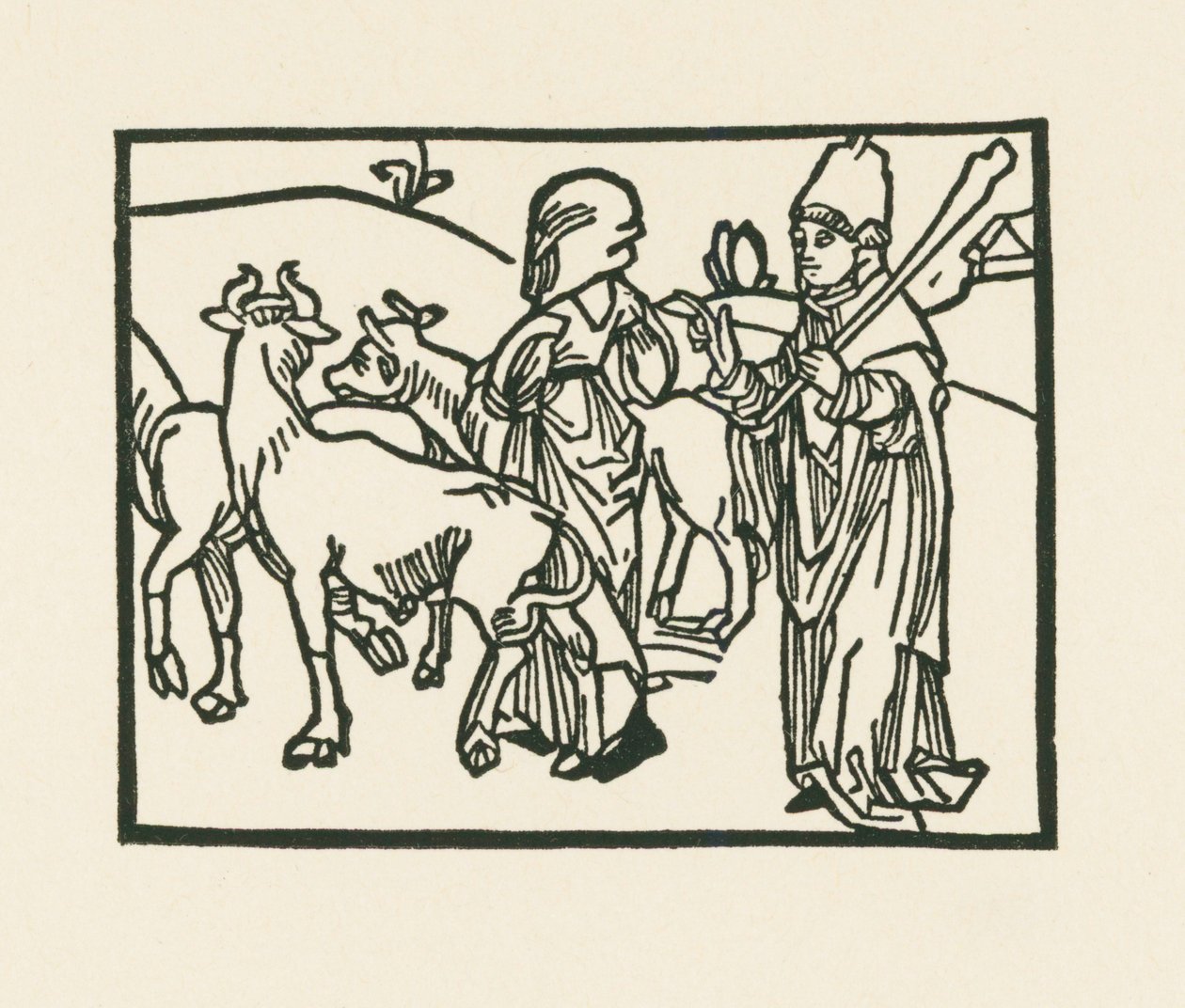 Prästen i prästdräkt driver ut boskap och framför honom går tjänarinnan, ca 1489-90 (träsnitt) av Albrecht Dürer or Duerer
