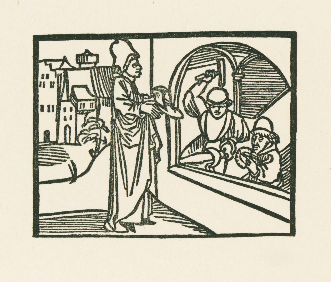 Prästen tar sin sko till guldsmeden, ca 1489-90 (träsnitt) av Albrecht Dürer or Duerer
