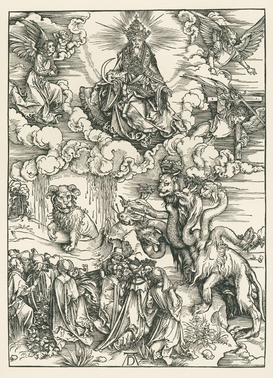 Havsmonstret och odjuret med lammets horn. Johannes Uppenbarelsebok, ca 1496-97 (träsnitt) av Albrecht Dürer or Duerer