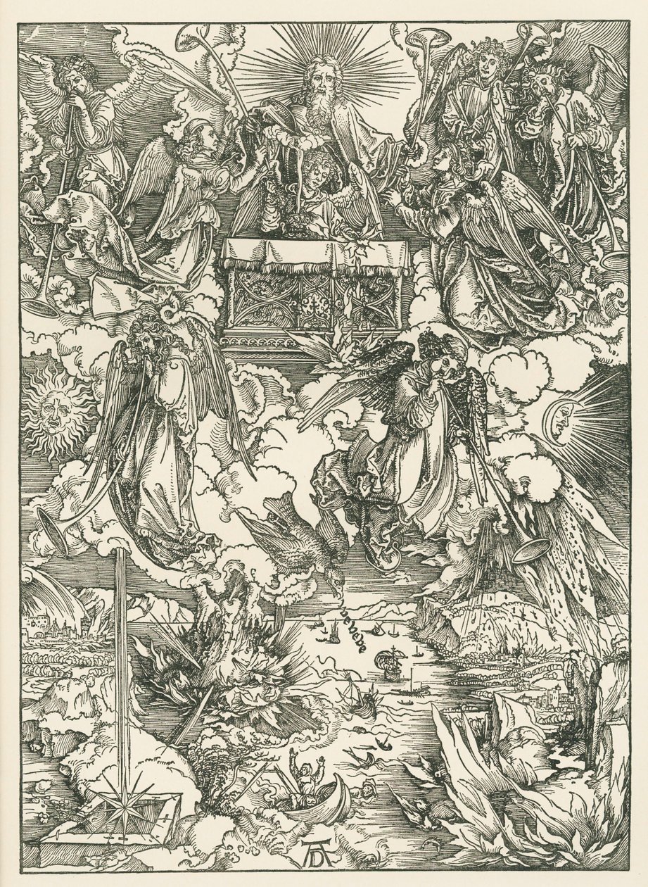 De sju trumpeterna ges till änglarna. Johannes Uppenbarelse, ca 1496-97 (träsnitt) av Albrecht Dürer or Duerer