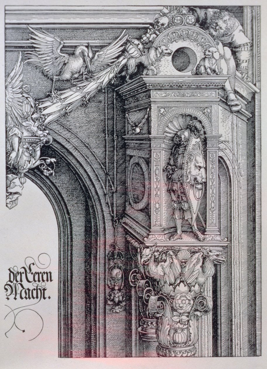 Kejsar Maximilian I:s triumfbåge (1459-1519): detalj av den centrala bågen (heders- och maktporten) med ett bladverk och en animerad pelarhuvud som bär upp en riddare som står i en arkitektonisk nisch, en figur som håller ena sidan av en hängande kartong. av Albrecht Dürer