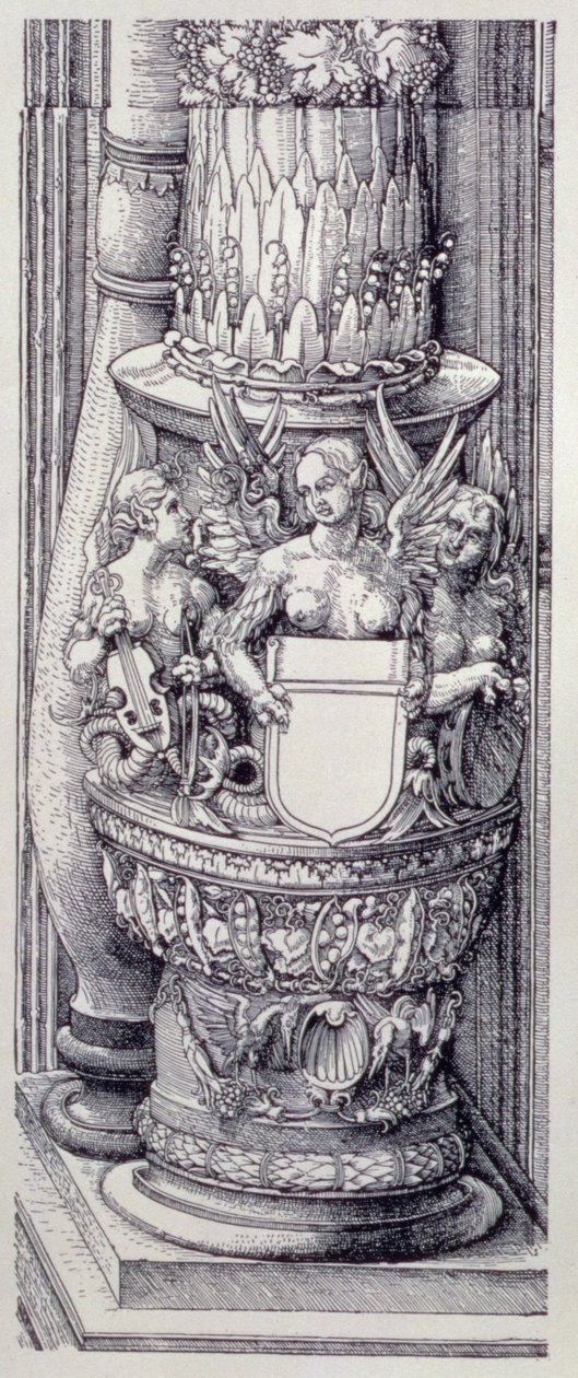 Kejsar Maximilian I av Tysklands triumfbåge (1459-1519): detalj av centrala Gates of Honor and Power, vänster kolumnbas utsmyckad med band av lövverk och bevingade kvinnliga griffiner, daterad 1515, pub. 1517/18 (träsnitt) av Albrecht Dürer