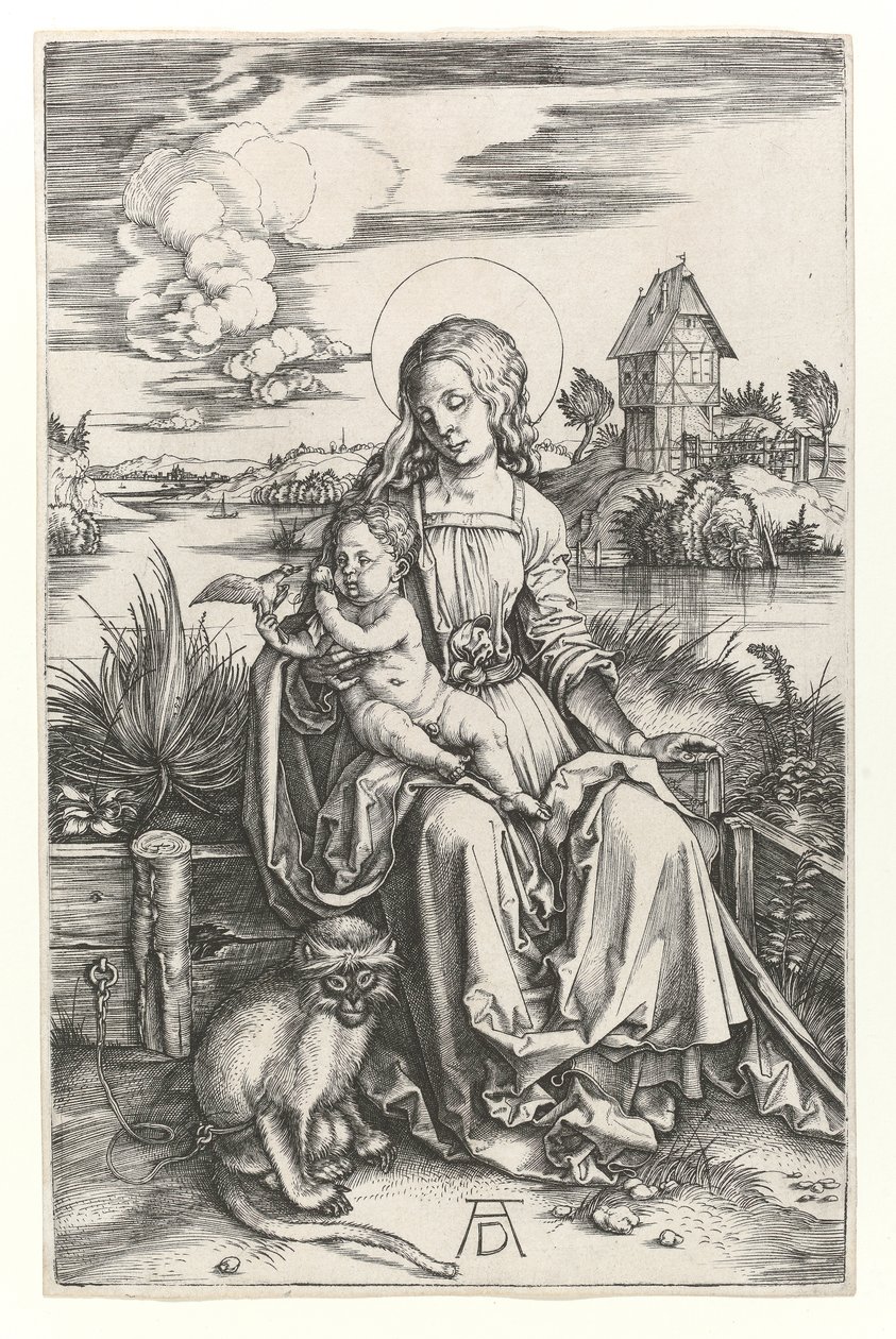 Jungfrun med apan, c.1498 (gravyr av Burin) av Albrecht Dürer
