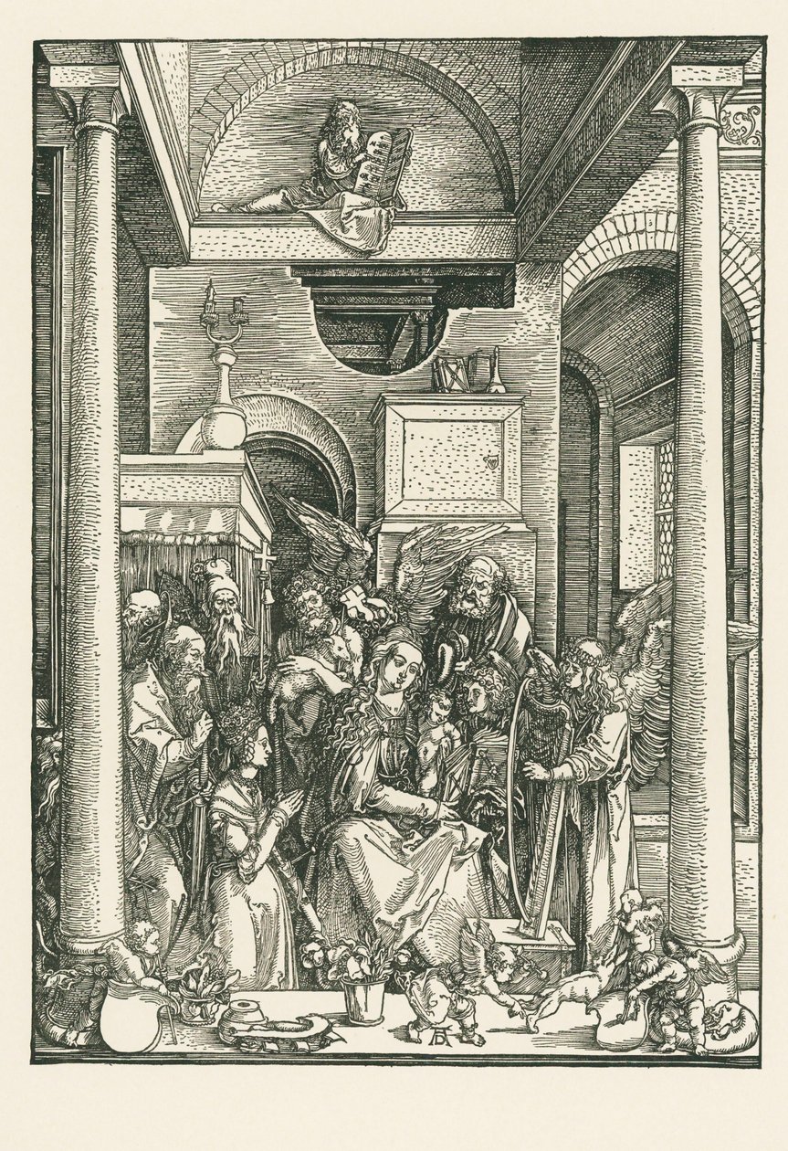 Jungfru Maria tillbedd av änglar och helgon, ca 1502 (träsnitt) av Albrecht Dürer or Duerer