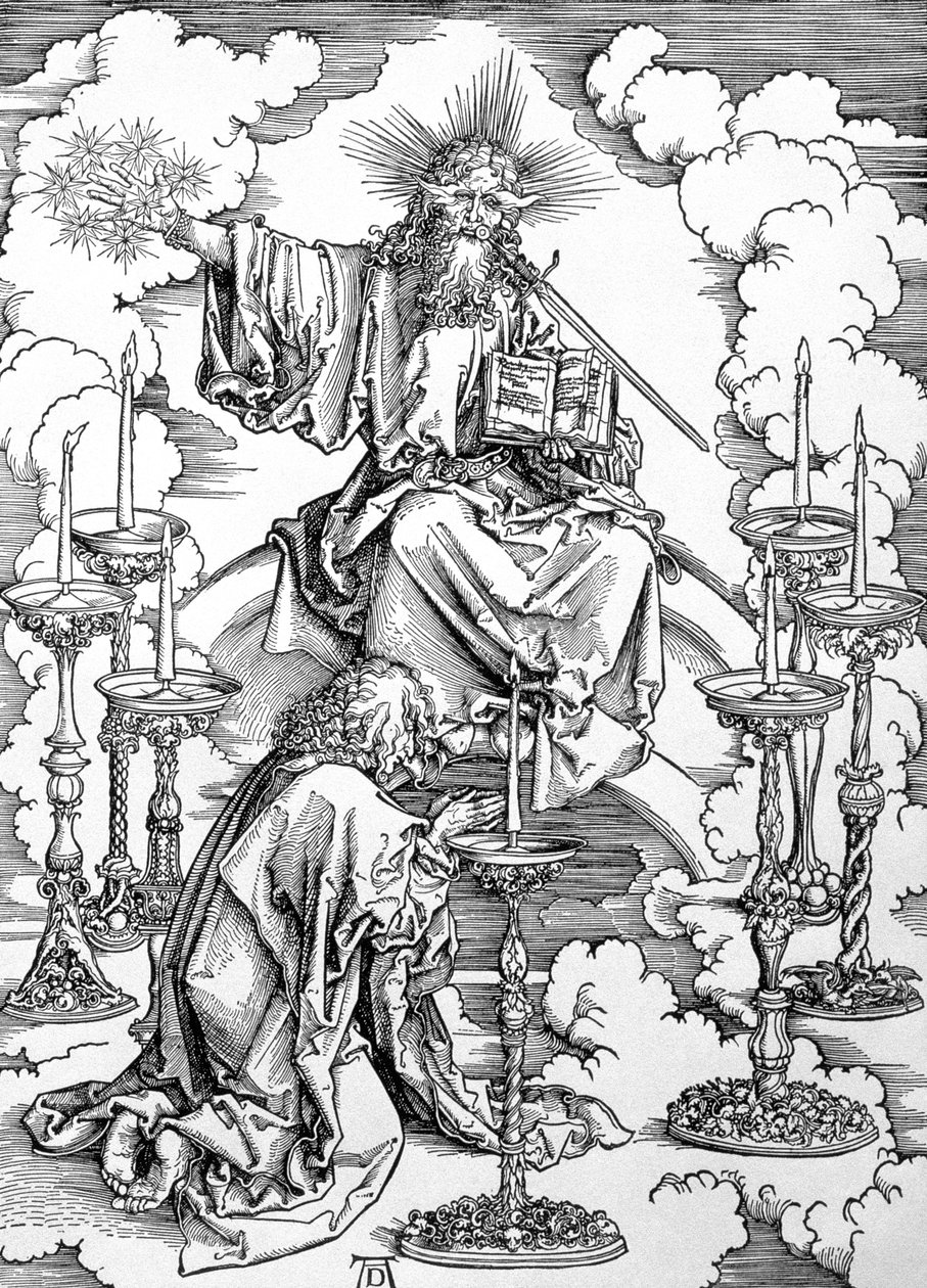 Visionen om de sju ljusstakarna från "Apocalypse" eller "The Revelations of St. John the Divine", pub. 1498 (träsnitt) av Albrecht Dürer