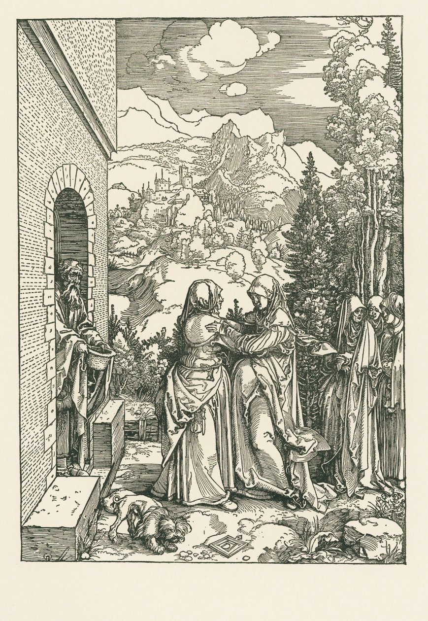 Besöket - Heliga Maria besöker Heliga Elisabeth, ca 1503-04 (träsnitt) av Albrecht Dürer or Duerer