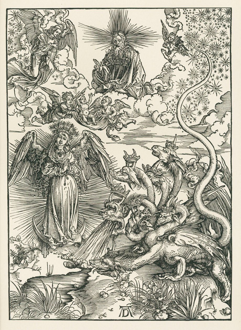 Kvinnan klädd i solen och den sjuhövdade draken. Johannes Uppenbarelsebok, ca 1497 (träsnitt) av Albrecht Dürer or Duerer