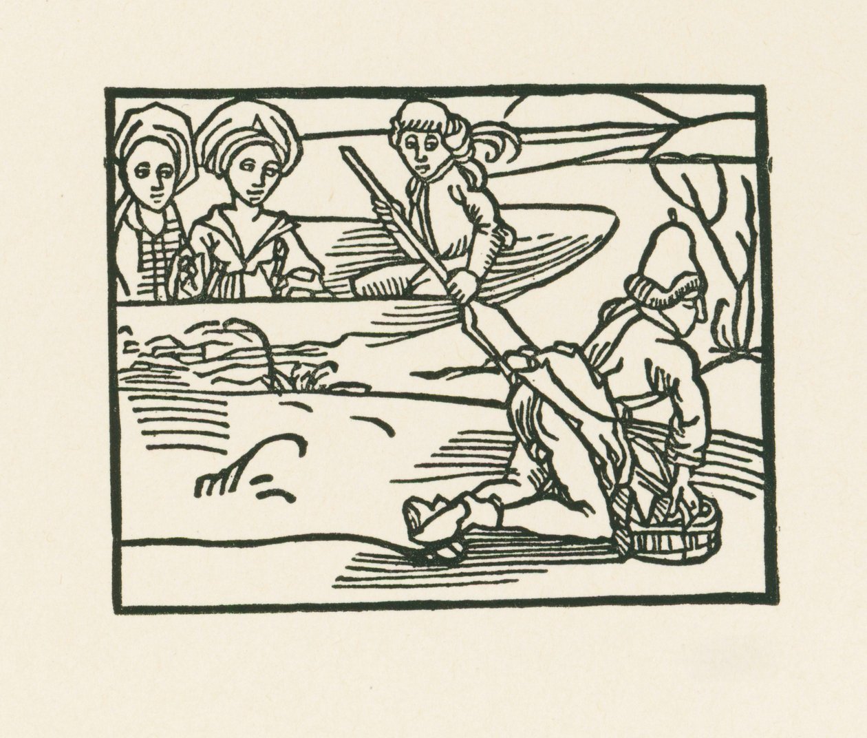 Hertiginnan sitter i en båt på vattnet där prästen tvättar sina underkläder, ca 1489-90 (träsnitt) av Albrecht Dürer or Duerer