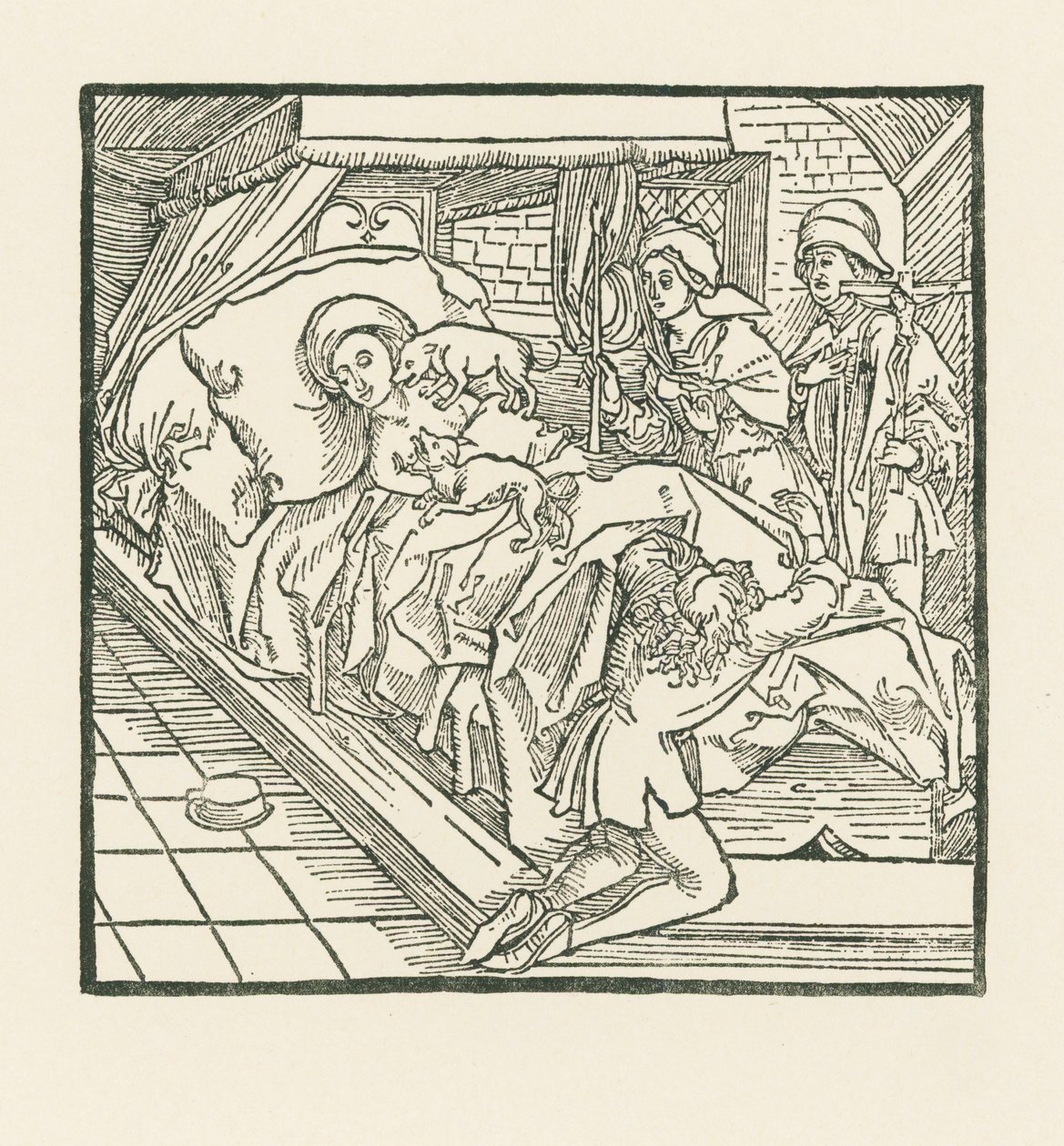 Den ädla hovdamen som matade sina hundar så väl, men lät de fattiga svälta, blir efter sin död slickad av hundarna tills hon blir svart som kol av Albrecht Dürer or Duerer