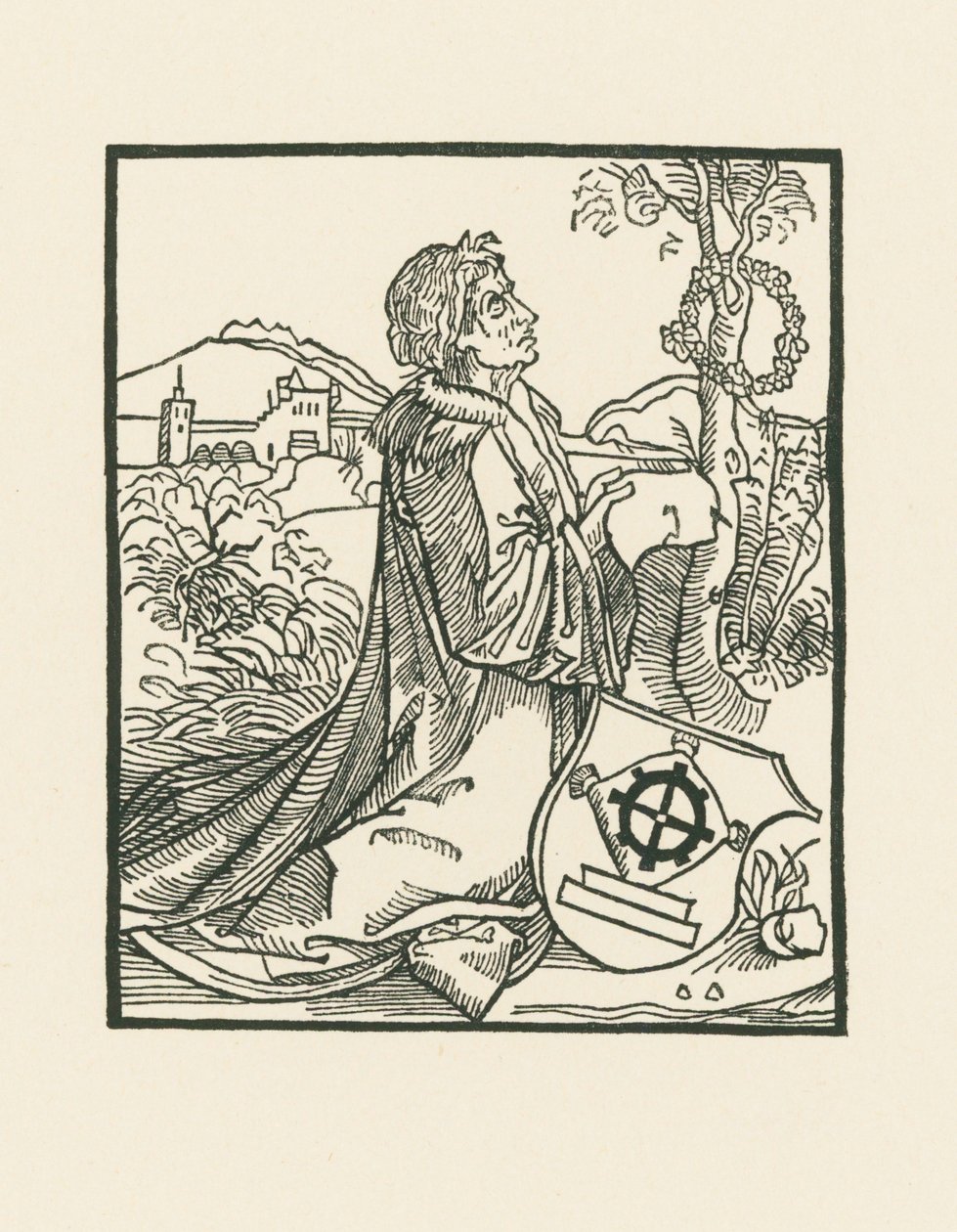 Poeten Sebastian Brant knäböjande av Albrecht Dürer or Duerer