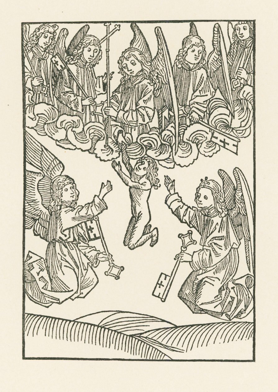 De sju änglarna med korset och de sex nycklarna, med vilka de öppnade himlen för de sex barmhärtighetsgärningarna, tar emot en själ i himlen av Albrecht Dürer or Duerer