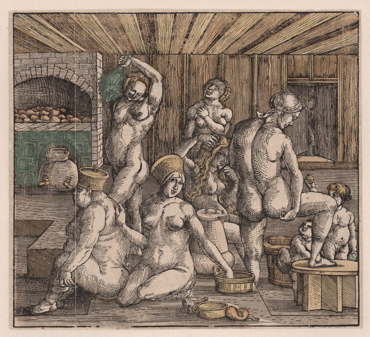 Kvinnobadet, av Duerer, Albrecht (1471-1528). Träsnitt, akvarell, ca. 1500. Mått: 21,8x23,9 cm. Privat samling av Albrecht Dürer
