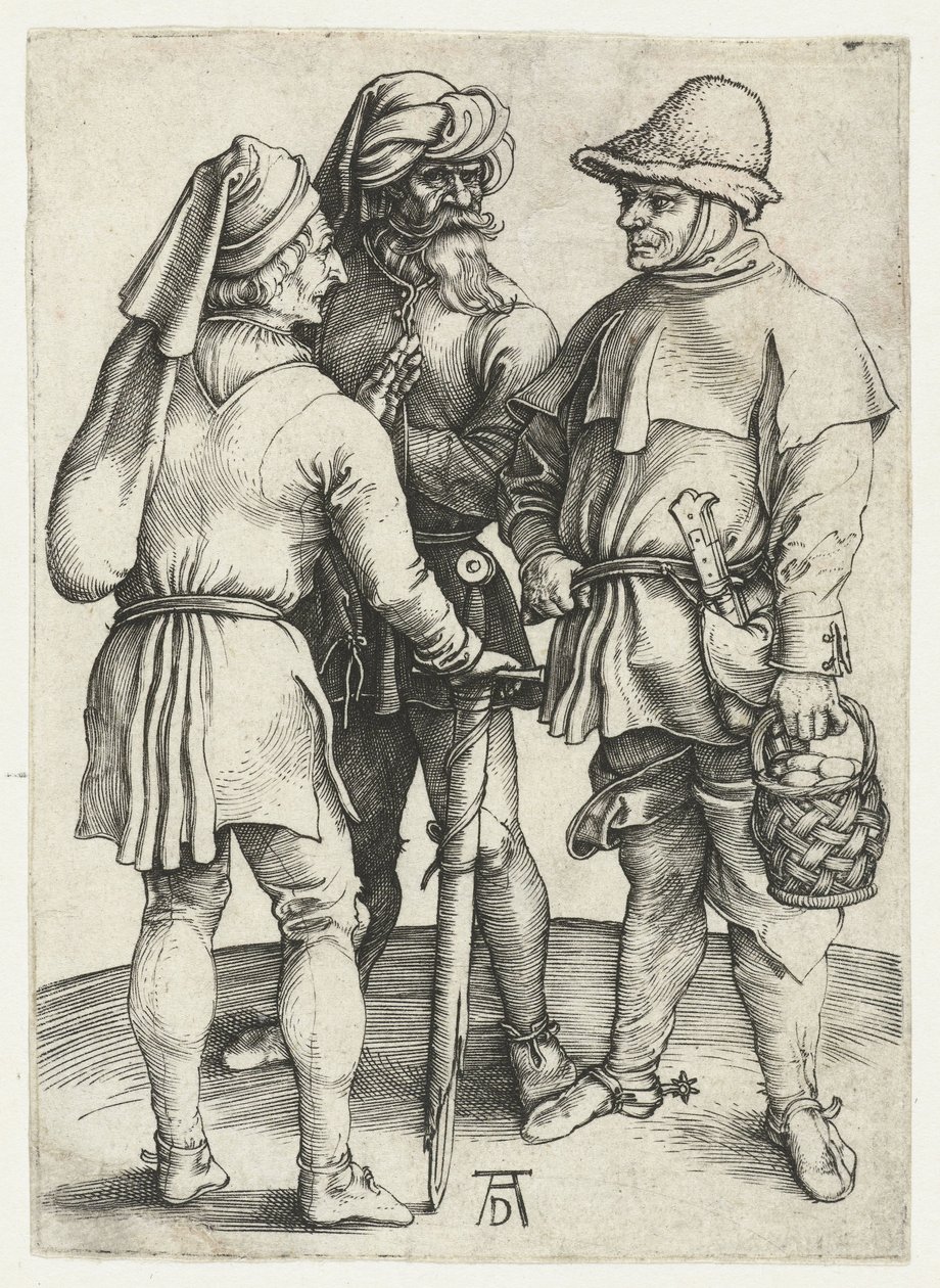 Tre bönder i samtal, av Albrecht Dürer or Duerer