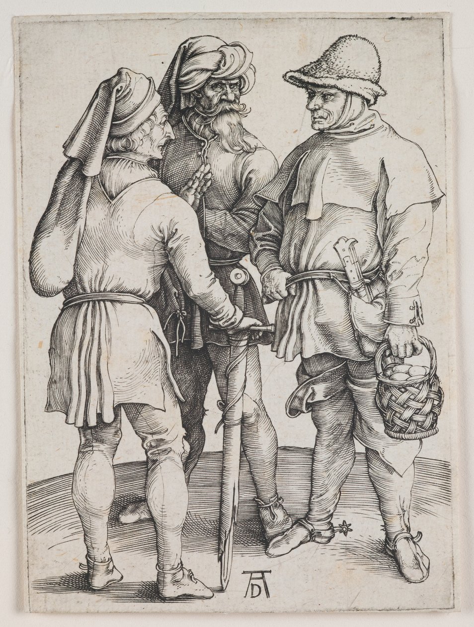 Tre bönder i samtal, ca 1497 (gravyr) av Albrecht Dürer or Duerer