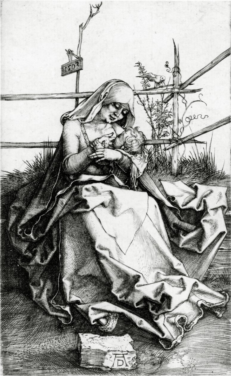 Jungfru och barn sitter på en gräsbänk av Albrecht Dürer