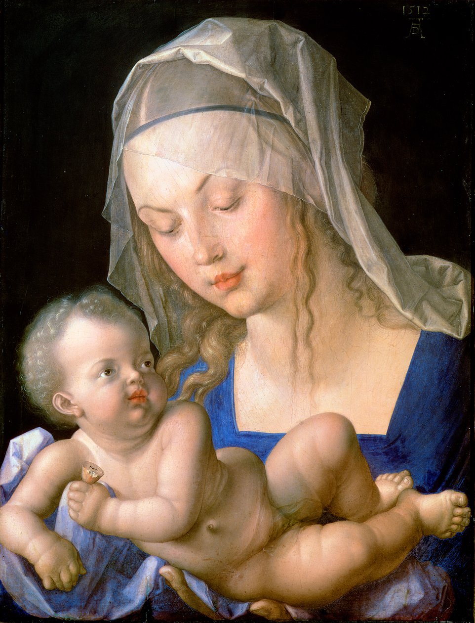 Jungfru och barn som håller ett halvt uppätet päron av Albrecht Dürer