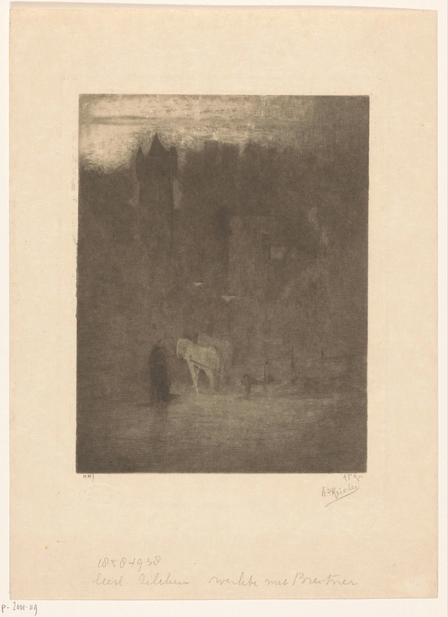 Figur och två hästar på ett slott i dimman av Albrecht Felix Reicher (signed by artist)